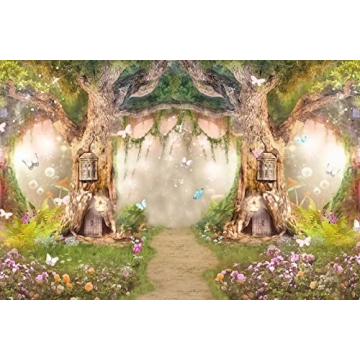 DASHAN Polyester 7x5Ft Spring Backdrop Magic Garden Fairy Tale World Grass Butterfly Wonderland Background for Kids Girl Baby Shower Birthday Party Decoration Studio Photography Banner Booth Props