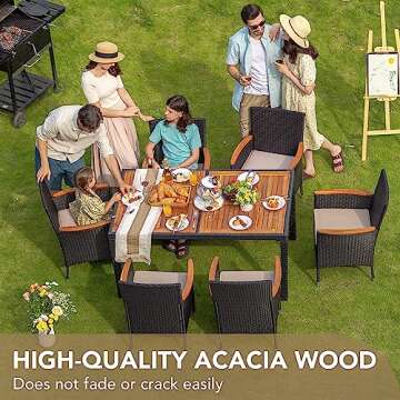 Devoko Dining 7 PCS Furniture, Patio Conversation Set with Acacia Wood Table Top, Rattan Outdoor, Bl...