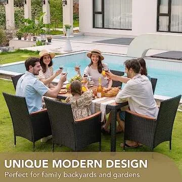 Devoko 7 PCS Patio Dining Set with Acacia Top and Rattan