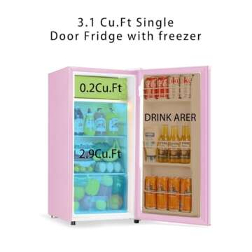 Seaoola Mini Fridge with Freezer, Single Door 3.1 Cu.Ft, Compact Mini Refrigerator, LED Light, Adjustable Thermostat, Removable Glass Shelves, Small Refrigerator for Dorm/Office/Bedroom(Pink)
