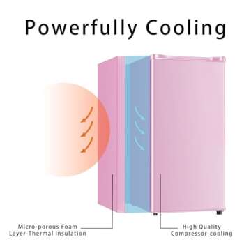 Seaoola Mini Fridge with Freezer, Single Door 3.1 Cu.Ft, Compact Mini Refrigerator, LED Light, Adjustable Thermostat, Removable Glass Shelves, Small Refrigerator for Dorm/Office/Bedroom(Pink)