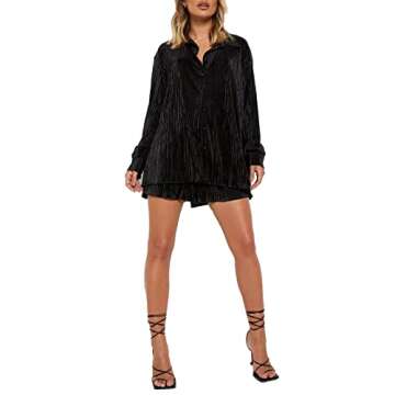 NUFIWI Women 2 Piece Pleated Shorts Set Long Sleeve Button Blouse Shirt Casual Loose Lounge Shorts Outfits Retro 90s Streetwear (Black,Small)