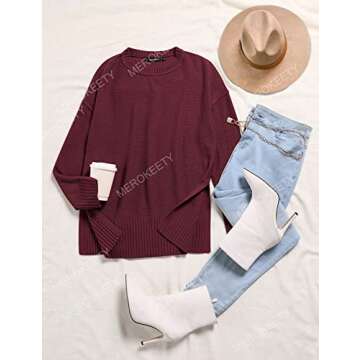MEROKEETY Women's 2024 Fall Casual Crew Neck Side Split Pullover Sweater Loose Long Sleeve Jumper Top, Wine, XL