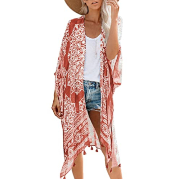 GOSOPIN Women Summer Fashion Printed Beach Print Kimono Tassel Casual Chiffon Floral Cardigan Loose ...