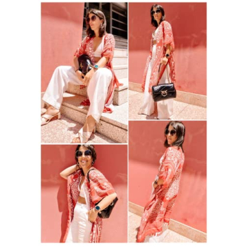 GOSOPIN Women Summer Fashion Printed Beach Print Kimono Tassel Casual Chiffon Floral Cardigan Loose Cover Ups for Swimwear Tassel Brown One Size