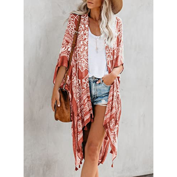 GOSOPIN Women Summer Fashion Printed Beach Print Kimono Tassel Casual Chiffon Floral Cardigan Loose Cover Ups for Swimwear Tassel Brown One Size