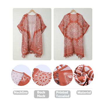 GOSOPIN Women Summer Fashion Printed Beach Print Kimono Tassel Casual Chiffon Floral Cardigan Loose Cover Ups for Swimwear Tassel Brown One Size