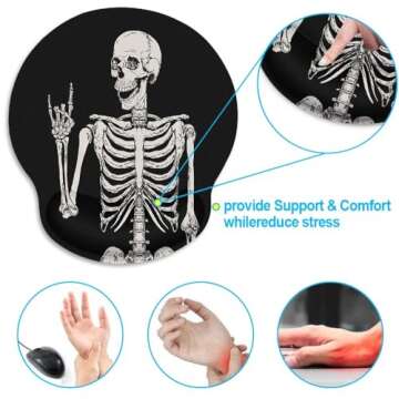 Britimes Ergonomic Mouse Pad with Wrist Support Black Human Skeleton Skull Non-Slip Rubber Base Mousepad for Home Office Gaming Working Computers Laptop Easy Typing & Pain Relief