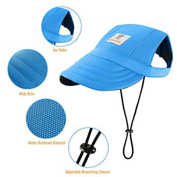 HIGH PAW Dog Sun Hat Baseball Cap Trucker Hat for Small Medium Large Dogs with Ear Holes Adjustable Drawstring Breathable Waterproof Design UV Protection Outdoor All Season, Blue