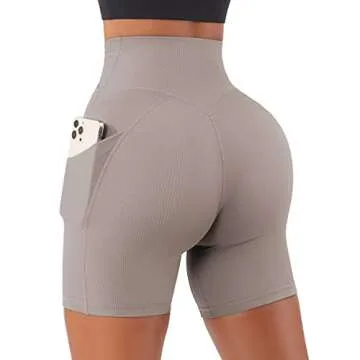 OMKAGI Women Cross Waist Workout Shorts with Pockets 5" Ribbed Seamless High Waisted Yoga Biker Shorts(S,905-Khaki)