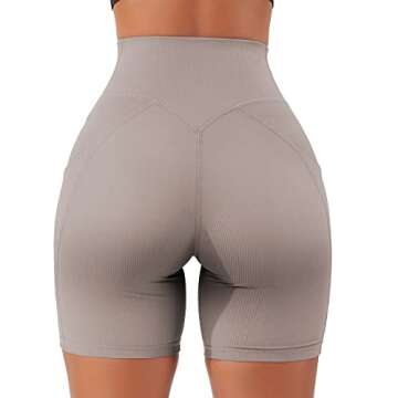 OMKAGI Women Cross Waist Workout Shorts with Pockets 5" Ribbed Seamless High Waisted Yoga Biker Shorts(S,905-Khaki)