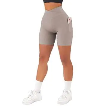 OMKAGI Women Cross Waist Workout Shorts with Pockets 5" Ribbed Seamless High Waisted Yoga Biker Shorts(S,905-Khaki)