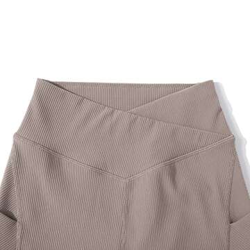 OMKAGI Women Cross Waist Workout Shorts with Pockets 5" Ribbed Seamless High Waisted Yoga Biker Shorts(S,905-Khaki)