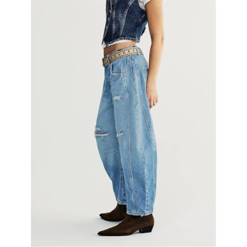 LifeShe Wide Leg Distressed Jeans for Women Baggy Ripped Jeans Low Waist Barrel Boyfriend Denim Pants Light Blue