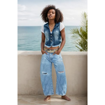 LifeShe Wide Leg Distressed Jeans for Women Baggy Ripped Jeans Low Waist Barrel Boyfriend Denim Pants Light Blue