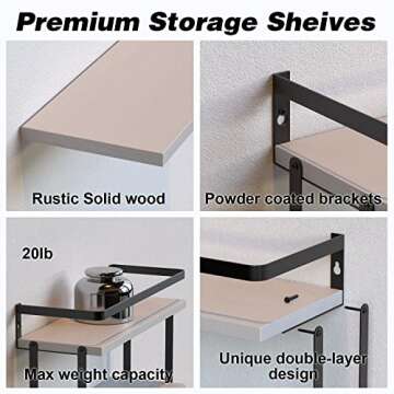 RICHER HOUSE 2+1 Tier Wall Mounted Floating Shelves Set of 2, Rustic Wood Wall Shelf with Metal Frame, Extra Storage Rack for Bathroom, Kitchen, Bedroom with Tissue Rack & Towel Bar - White