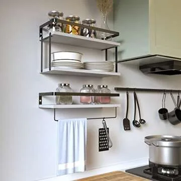 RICHER HOUSE 2+1 Tier Wall Mounted Floating Shelves Set of 2, Rustic Wood Wall Shelf with Metal Frame, Extra Storage Rack for Bathroom, Kitchen, Bedroom with Tissue Rack & Towel Bar - White