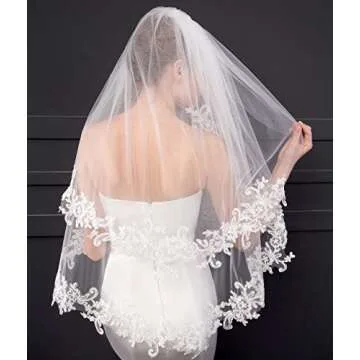 Cibelle Short 2 Tier Lace Bridal Wedding Veil For Bride White