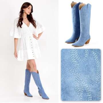 iiimmu Embroidered Cowgirl Boots for Women - Blue Size 6