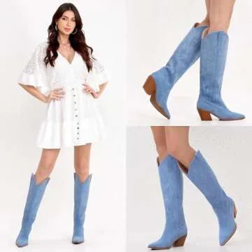 iiimmu Embroidered Cowgirl Boots for Women - Blue Size 6