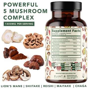 Plant.O Premium Lion's Mane Supplement, All Natural Nootropics Brain Supplement, 5 Mushroom Complex ...