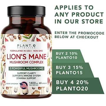 Plant.O Premium Lion's Mane Supplement, All Natural Nootropics Brain Supplement, 5 Mushroom Complex – Lion’s Mane, Reishi, Chaga, Maitake, Shiitake for Immunity, Focus, Mood & Memory Boost, 90 Caps