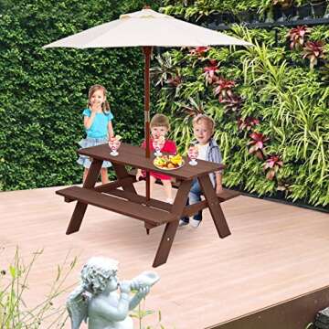 Costzon Kids Picnic Table, Wooden Table & Bench Set w/Removable & Foldable Umbrella, Toddler Patio S...