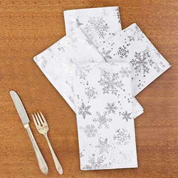 Urban Villa Christmas Dinner Napkins Snowflake Silver Foil Metallic Print Cloth Napkins Premium Quality Dinner Napkins Cotton Set of 4 Oversized 20X20 in Cloth Napkins Mitered Corners Dinner Napkins