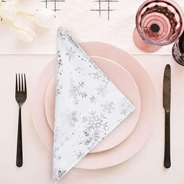 Urban Villa Christmas Dinner Napkins Snowflake Silver Foil Metallic Print Cloth Napkins Premium Quality Dinner Napkins Cotton Set of 4 Oversized 20X20 in Cloth Napkins Mitered Corners Dinner Napkins