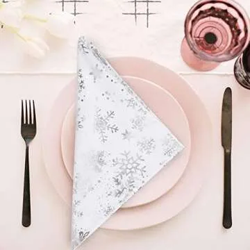 Urban Villa Christmas Dinner Napkins Snowflake Silver Foil Metallic Print Cloth Napkins Premium Quality Dinner Napkins Cotton Set of 4 Oversized 20X20 in Cloth Napkins Mitered Corners Dinner Napkins