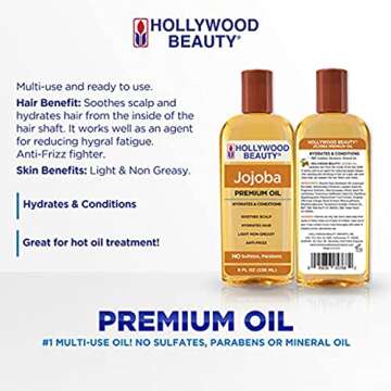 Hollywood Beauty Jojoba Hair Oil, 8oz Bottle, Light Non Greasy, Hydrates & Conditions Hair, Soothes scalp, Anti-Frizz fighter, Can be Used as a Hot Oil Treatment