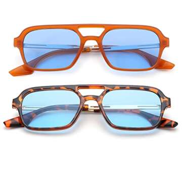 COASION Vintage 70s Flat Aviator Small Frame Sunglasses for Women Men Square Metal Design UV400 Protection Shades (Orange Frame/Blue Lens + Tortoise Frame/Blue Lens)