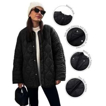 PEHMEA Women's Quilted Lightweight Jackets Button Down Puffer Jacket Coats Fashion Warm Padded Outwear with Pockets(Black-L)