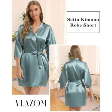 Vlazom Women's Kimono Robes Short Satin Bathrobe Solid Bridal Party Robe with Oblique V-Neck