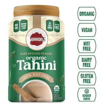 Baron's USDA Organic Tahini Pure Sesame Paste | 2 x 16 oz Jars | Rich Creamy Spread for Hummus, Dips, Sauces | Kosher, Vegan, Keto friendly, Non-GMO, Gluten-Free, No Peanuts | Ground Seeds Tahina