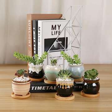 T4U Small Ceramic Succulent Pots with Drainage Set of 6, Mini Pots for Plants, Plant Lover Gifts for Women, Tiny Air Plant Flower Pots Cactus Faux Plants Containers, Home and Office Decor