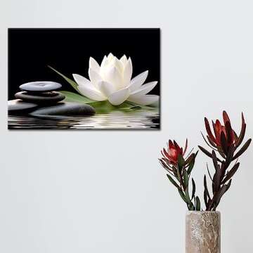 GLOKAKA Zen Canvas Wall Art,White Lotus Bloom in Water with Spa Stone,Black and White Bathroom Canva...