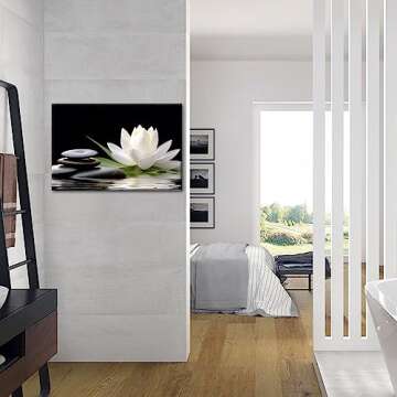 GLOKAKA Zen Canvas Wall Art,White Lotus Bloom in Water with Spa Stone,Black and White Bathroom Canvas Wall Art,Zen Spiritual Decor for Yoga Meditation Room Living Room