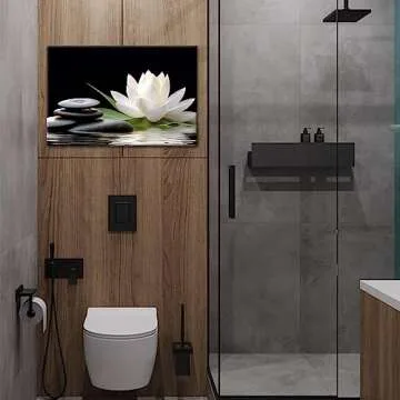 GLOKAKA Zen Canvas Wall Art,White Lotus Bloom in Water with Spa Stone,Black and White Bathroom Canvas Wall Art,Zen Spiritual Decor for Yoga Meditation Room Living Room
