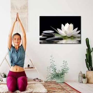 GLOKAKA Zen Canvas Wall Art,White Lotus Bloom in Water with Spa Stone,Black and White Bathroom Canvas Wall Art,Zen Spiritual Decor for Yoga Meditation Room Living Room