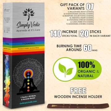 Simply Vedic 7 Chakra Incense Sticks Variety Pack with Holder, Set of 7 (140 Sticks) for Chakra Acti...