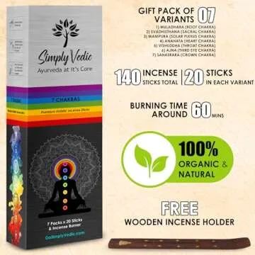 Simply Vedic 7 Chakra Incense Sticks Variety Pack with Holder, Set of 7 (140 Sticks) for Chakra Acti...