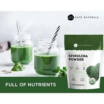 Kate Naturals Organic Spirulina Powder for Immune Support and Antioxidants. Nutrient Dense Superfood Supplement (8 oz, USDA Certified, Non-GMO, Gluten- Free)
