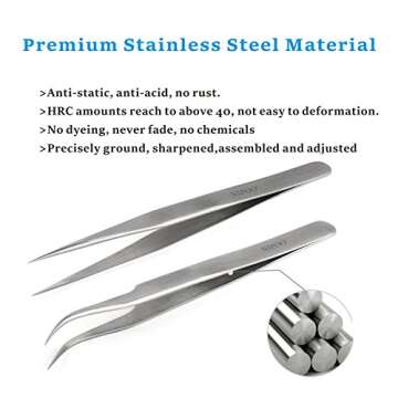 Best Tweezers for Eyelash Extension - Straight and Curved Pointed Tweezers - Professional Stainless Steel Precision Tweezers set - 2 Pcs - Silver - by Nipoo