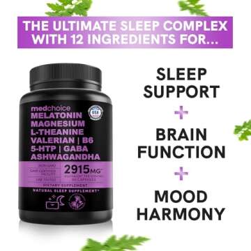 12-in-1 Melatonin Sleep Capsules - Natural Sleep Aids for Adults with Melatonin 5mg and Magnesium Glycinate 500mg, Sleep Aid with Ashwagandha, L Theanine, Valerian Root, GABA, 5-HTP (90ct, Pack of 1)
