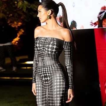 Suillty Women Sexy Off Shoulder Long Sleeve Maxi Dress 3D Body Geometric Printed Color Block Bodycon Dresses Black