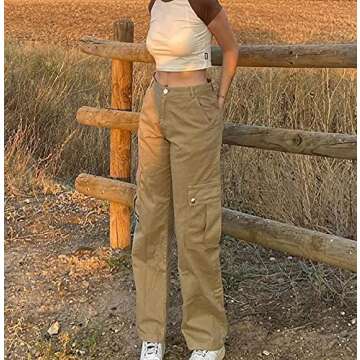 Juakoso Y2K Women Low Rise Straight Wide Leg Pants Retro Pockets Trousers Harajuku Street Wear for 90s Girls Sweatpants Khaki