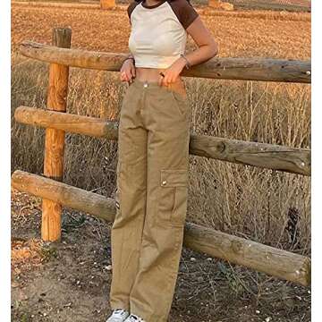Juakoso Y2K Women Low Rise Straight Wide Leg Pants Retro Pockets Trousers Harajuku Street Wear for 90s Girls Sweatpants Khaki