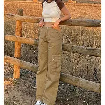 Juakoso Y2K Women Low Rise Straight Wide Leg Pants Retro Pockets Trousers Harajuku Street Wear for 90s Girls Sweatpants Khaki