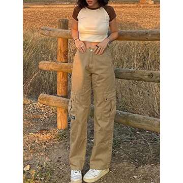 Juakoso Y2K Women Low Rise Straight Wide Leg Pants Retro Pockets Trousers Harajuku Street Wear for 90s Girls Sweatpants Khaki